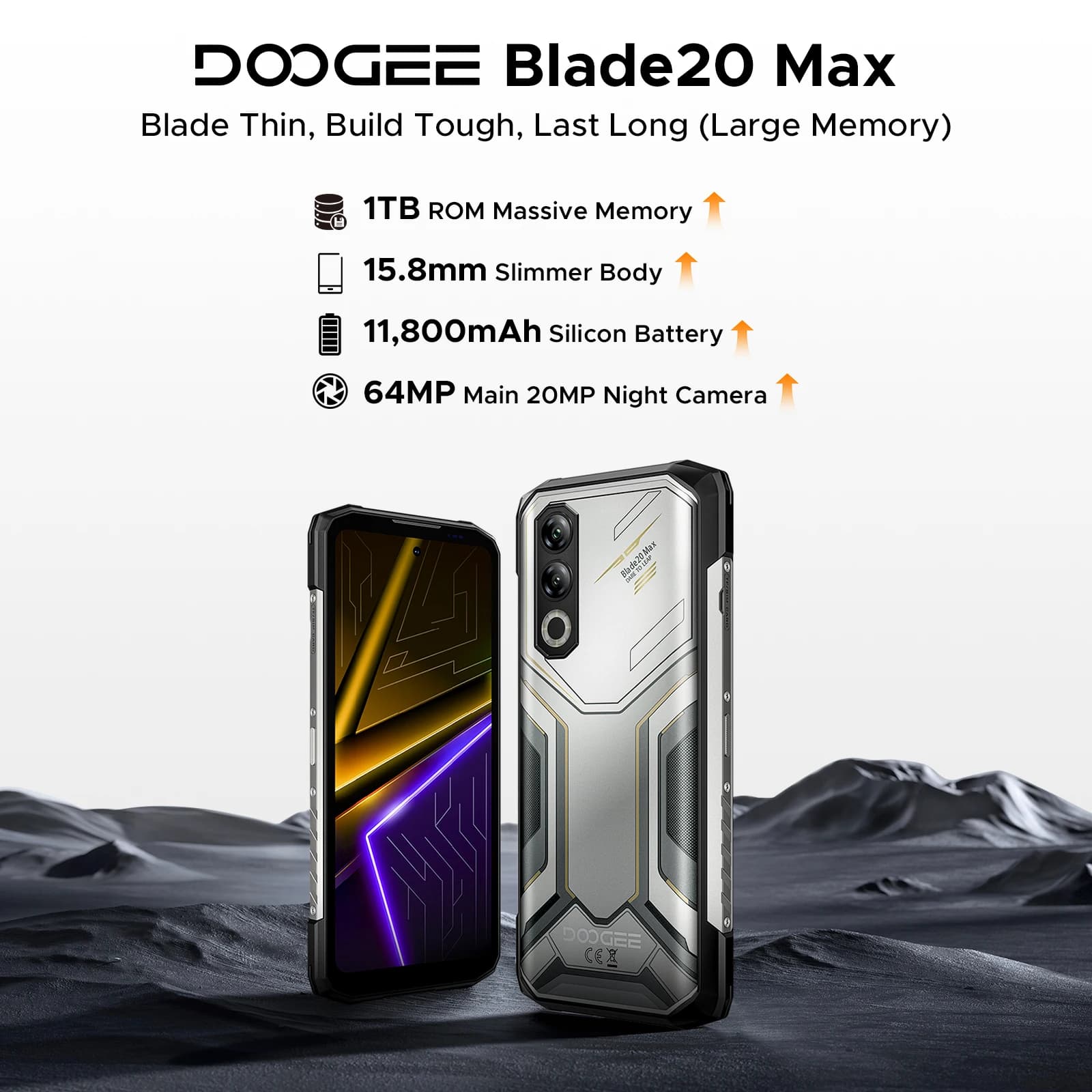 DOOGEE Blade20 Max - Wzmocniony telefon, ekran 6.6" 120Hz, 36GB RAM (12+24), 1TB pamięci, Gemini AI, bateria 11800mAh, Android 15, Helio G100 - 3