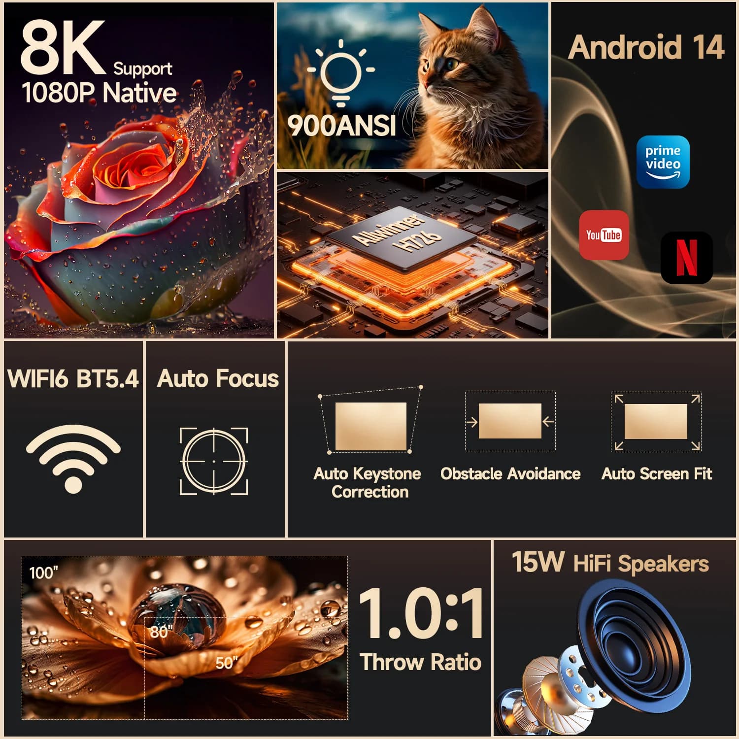 Mini projektor 4K z Android 14 i WiFi 6 - 3
