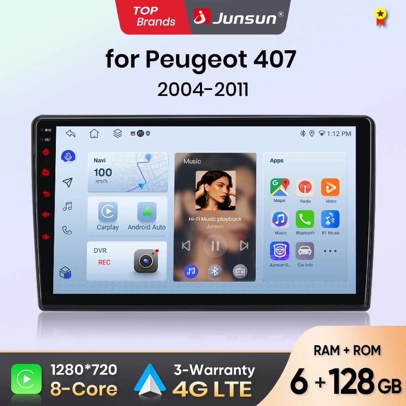 Radio samochodowe Junsun Android CarPlay do Peugeot 407