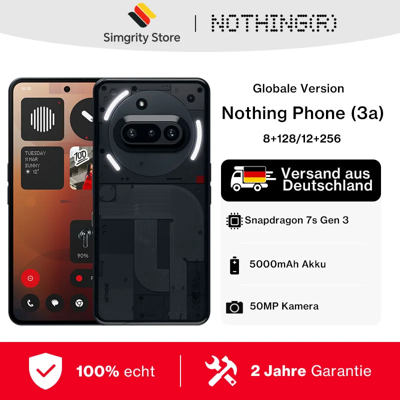 Smartfon Nothing Phone (3a) 5G 8 GB + 128 GB/12 GB + 256 GB, procesor Snapdragon 7s Gen 3, elastyczny wyświetlacz AMOLED o przekątnej 6,77 cala, bateria 5000 mAh z ładowaniem 50 W, wersja globalna, NFC/GPS/Wi-Fi 6/Bluetooth 5.4/Google Pay/Android 15